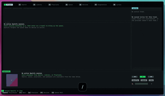 spotuify terminal demo: search, play, queue, and device control